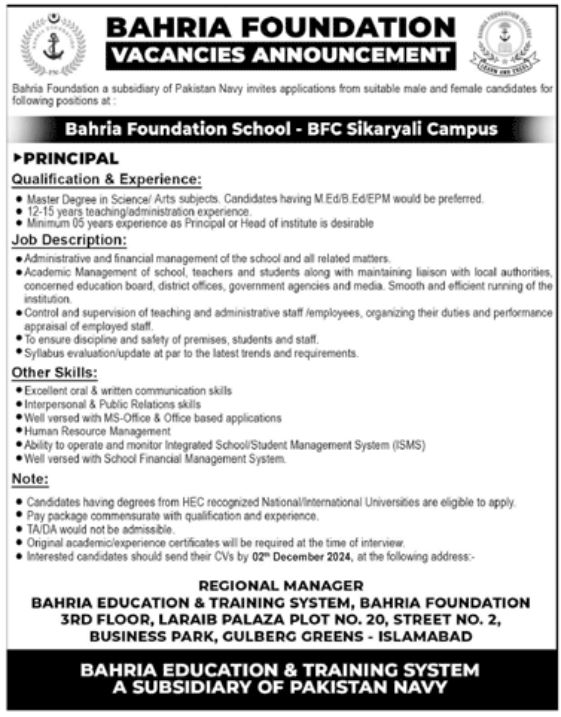 Latest Bahria Foundation Jobs 2024 For Education Posts 