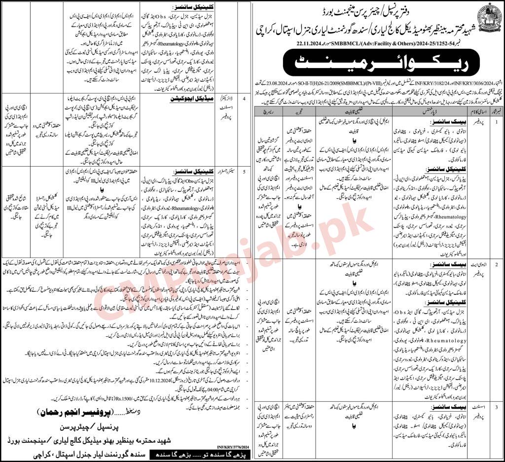 Benazir Bhutto Medical College Lyari Jobs 2024 For Educational Post