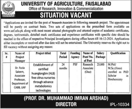 Situation Vacant At University of Agriculture (UAF) 2024 Advertisement