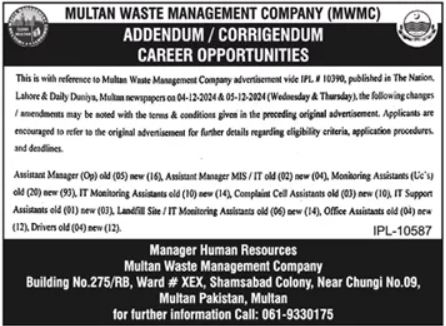 Multan Waste Management Company MWMC Jobs 2024-25