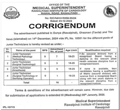 Rawalpindi Institute Of Cardiology RIC Jobs 2025 Apply Now