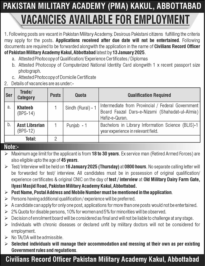 Pakistan Military Academy PMA Jobs 2025 Apply Process