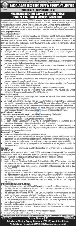 Faisalabad Electric Supply Company Limited (FESCO) Jobs 2025 Apply Online