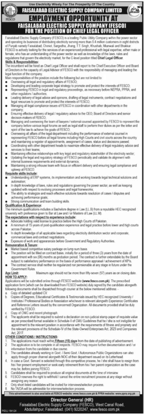 Faisalabad Electric Supply Company Limited FESCO Jobs 2025 