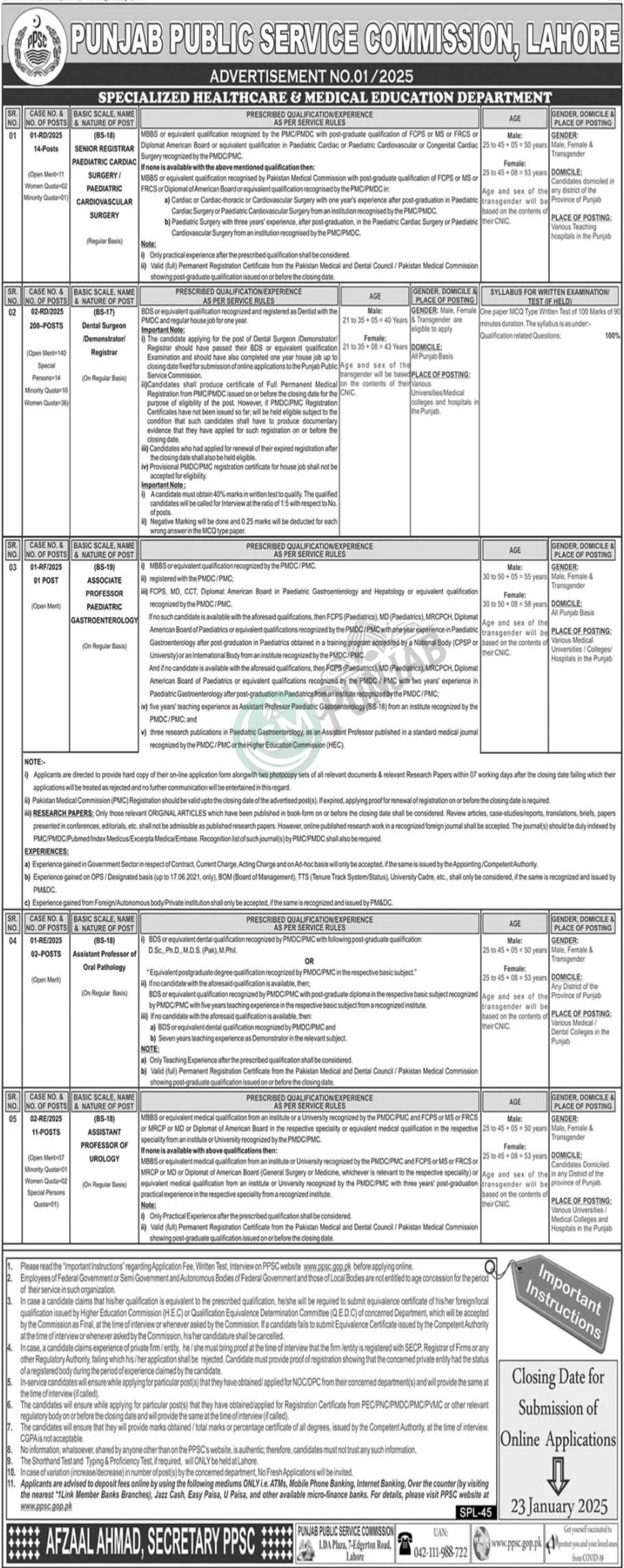 Punjab Public Service Commission (PPSC) Jobs Advertisement No.01 2025